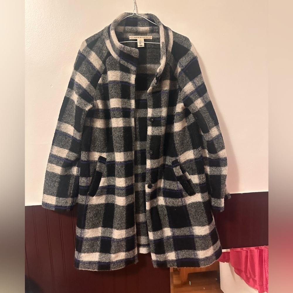 Max Studio Wool Blend Plaid Coat Women’s L – Black White Gray Purple, Unlined